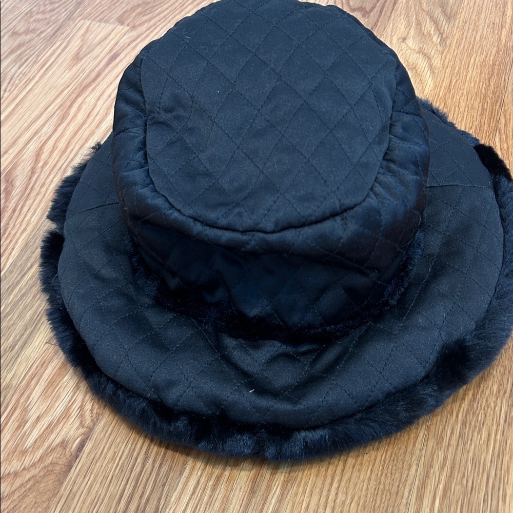 Vintage reversible Black Faux Fur quilted wide rim bucket Hat one size women’s - Picture 7 of 8